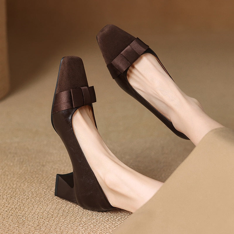 Retro Square-Toe Bow Chunky Heel Pumps